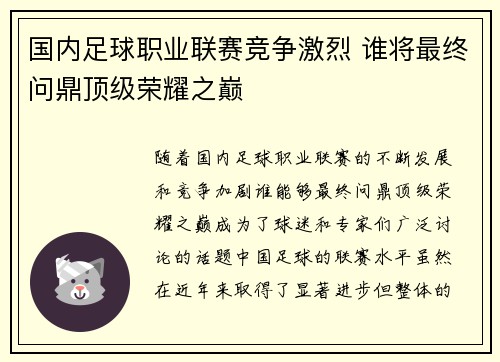 国内足球职业联赛竞争激烈 谁将最终问鼎顶级荣耀之巅