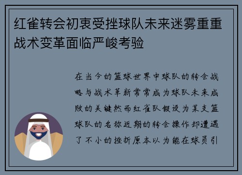 红雀转会初衷受挫球队未来迷雾重重战术变革面临严峻考验