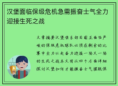 汉堡面临保级危机急需振奋士气全力迎接生死之战