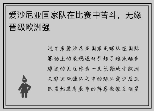 爱沙尼亚国家队在比赛中苦斗,无缘晋级欧洲强