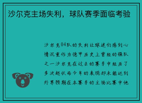 沙尔克主场失利,球队赛季面临考验