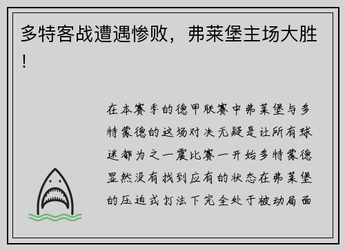 多特客战遭遇惨败,弗莱堡主场大胜!