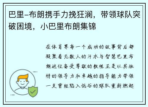 巴里-布朗携手力挽狂澜,带领球队突破困境,小巴里布朗集锦