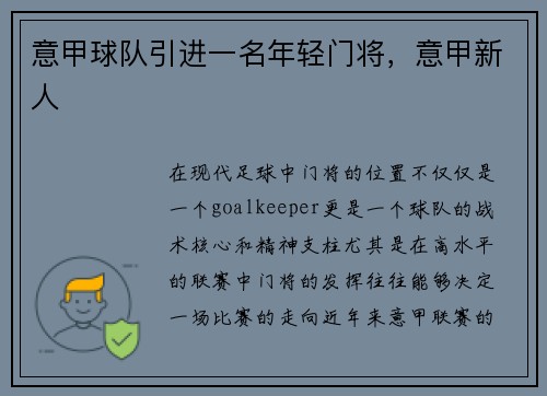 意甲球队引进一名年轻门将,意甲新人